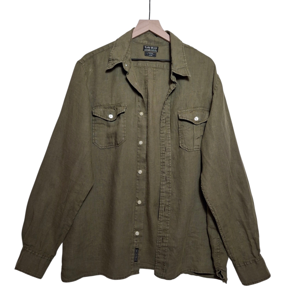 Lucky Brand Men's Olive Green Long Sleeve Shirt - Size XXL - Vintage Inspired